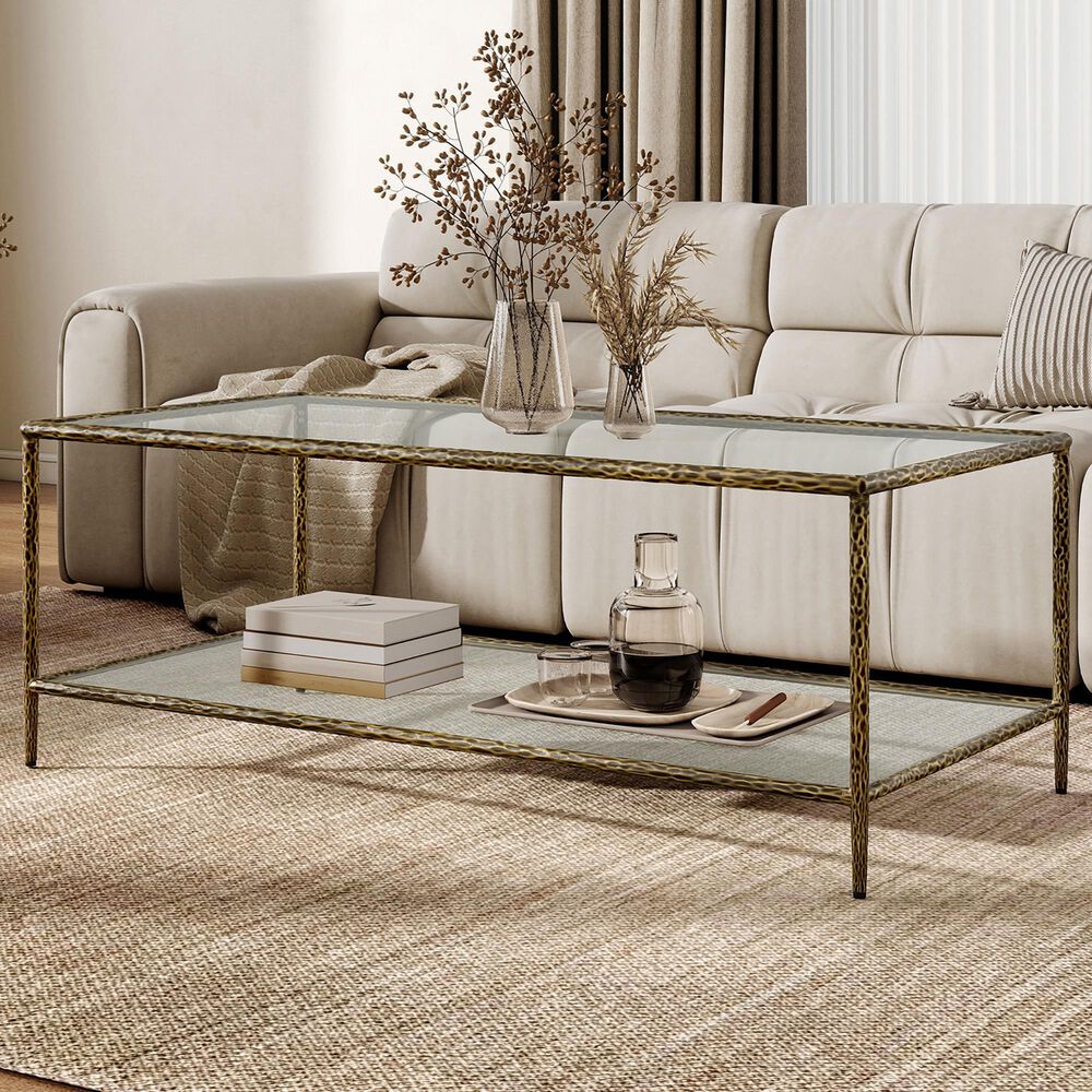 Furniture of America Lalia Coffee Table with Tempered Glass Top and Open Storage Shelf in Matte Gold, , large