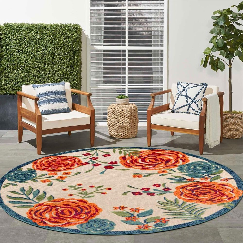 Nourison Aloha ALH32 Ivory and Multicolor 5'3" Round Indoor/Outdoor Area Rug, , large