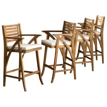 Noble House Hermosa Patio Barstool with Cream Cushion in Teak (Set of 4), , large