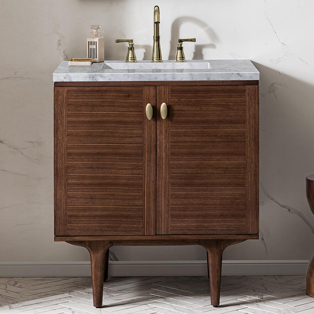 James Martin Vanities Amberly 30&quot; Single Bathroom Vanity in Walnut with 3 cm Carrara White Marble Top and Rectangular Sink, , large