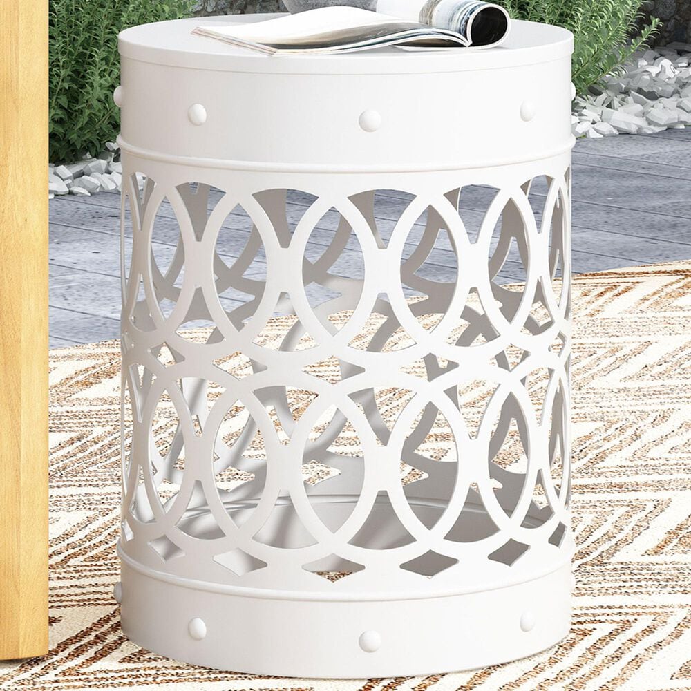 Hearth and Haven Large Cylindrical-Shaped Iron Patio End Table in White, , large