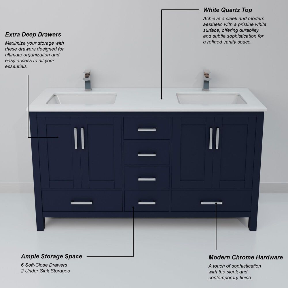 Lexora Home Jacques 60" Double Bathroom Vanity in Navy Blue with 2 cm White Quartz Top and Rectangular Sinks, , large