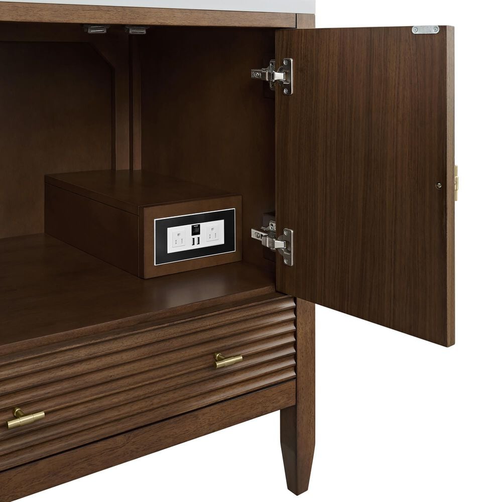James Martin Myrrin 30" Single Bathroom Vanity in Mid-Century Walnut with 3 cm Carrara Marble Top and Rectangular Sink, , large