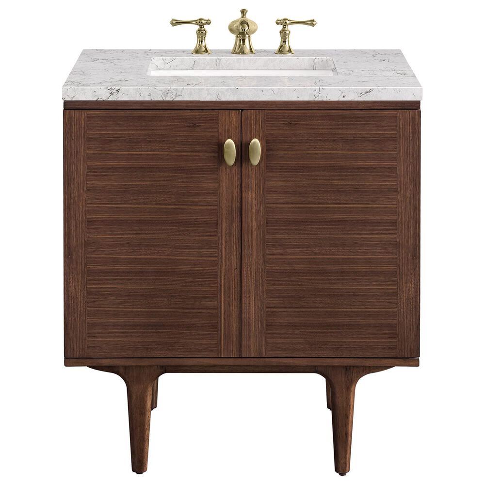 James Martin Vanities Amberly 30" Single Bathroom Vanity in Walnut with 3 cm Eternal Jasmine Pearl Quartz Top and Rectangular Sink, , large
