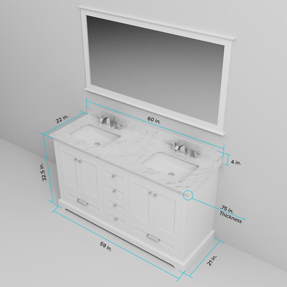 Lexora Home Dukes 60" Double Bathroom Vanity in White with 2 cm White Cultured Marble Top and Rectangular Sinks, , large