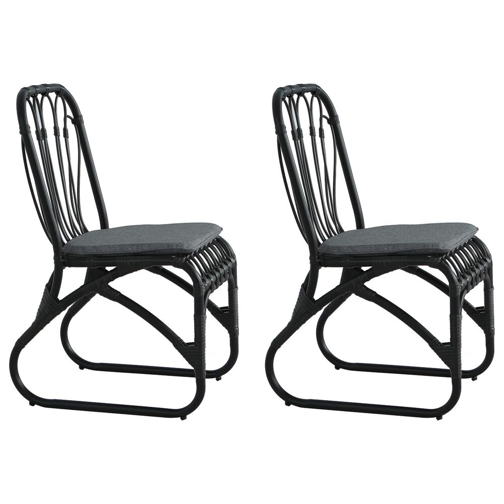 Hearth and Haven Outdoor PE Wicker Dining Chair with Gray Cushion in Black &#40;Set of 2&#41;, , large