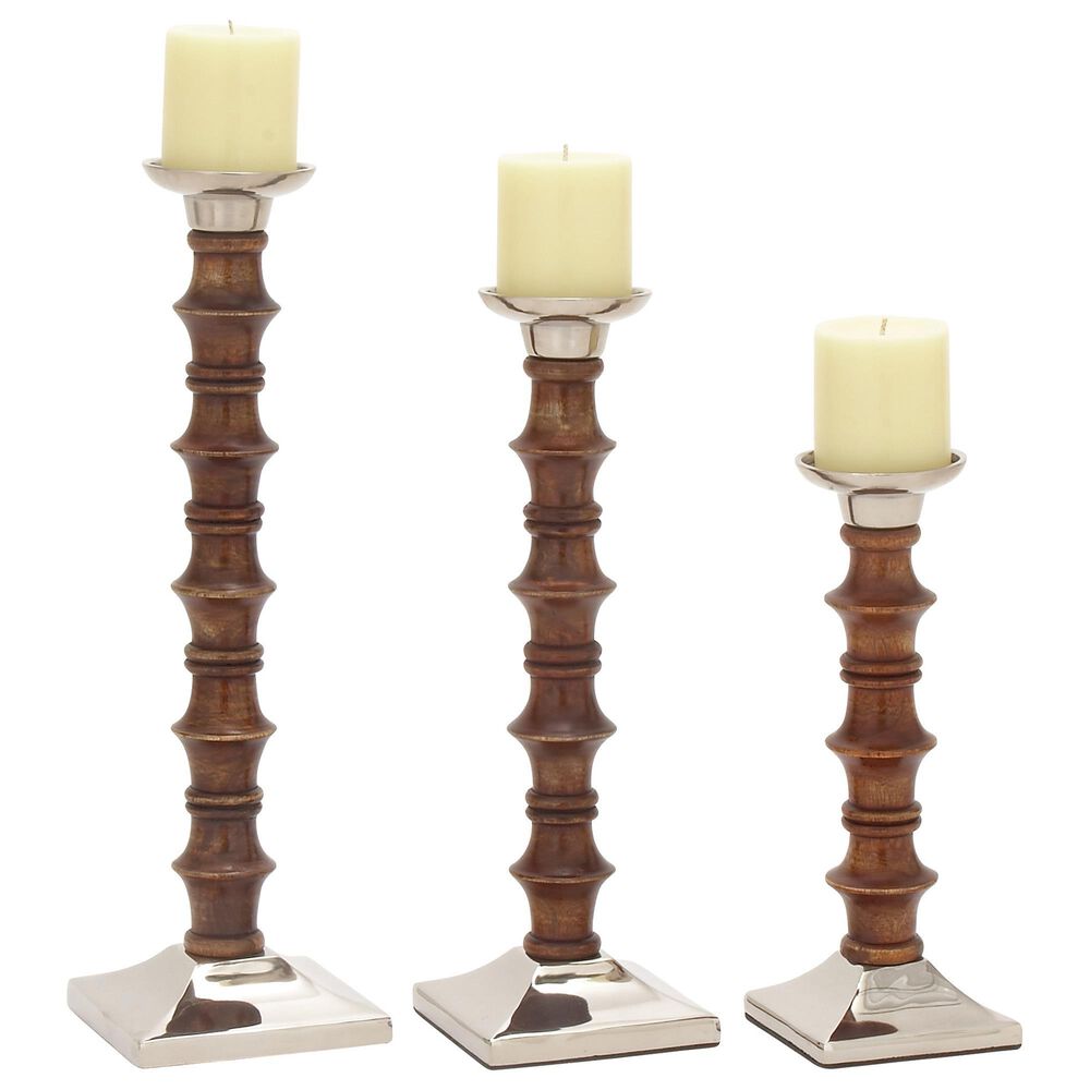 Maple and Jade Mango Wood Candle Holder in Brown and Silver &#40;Set of 3&#41;, , large