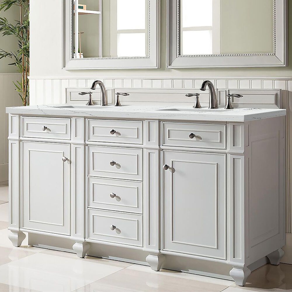 James Martin Vanities Bristol 60&quot; Double Bathroom Vanity in Bright White with 3 cm Ethereal Noctis Quartz Top and Rectangular Sinks, , large