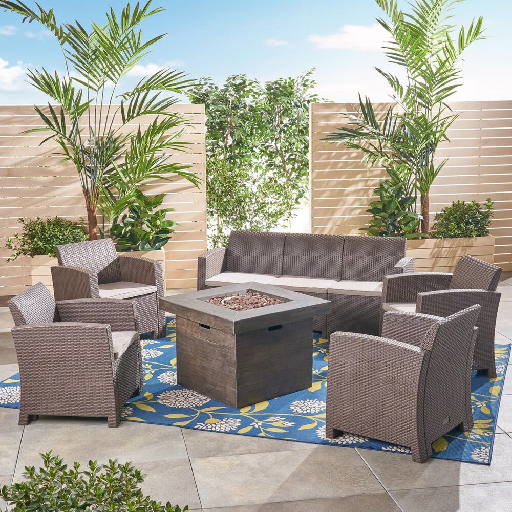 Noble House Selway 6-Piece Patio Square Firepit Chat Set in Brown, , large