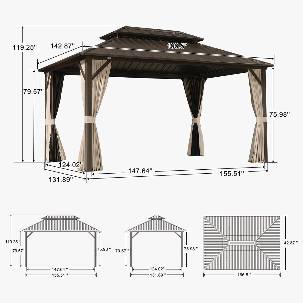 HOMLUX 12' x 14'Outdoor Hardtop Gazebo with Galvanized Steel Roof in Brown, , large