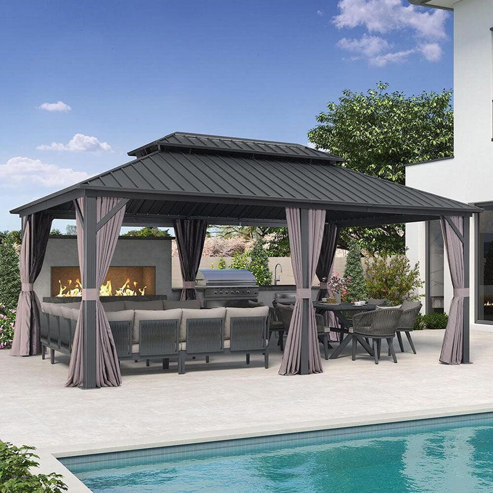 HOMLUX 12' x 18' Permanent Hardtop Gazebo with Double-Tier Roof in Gray, , large