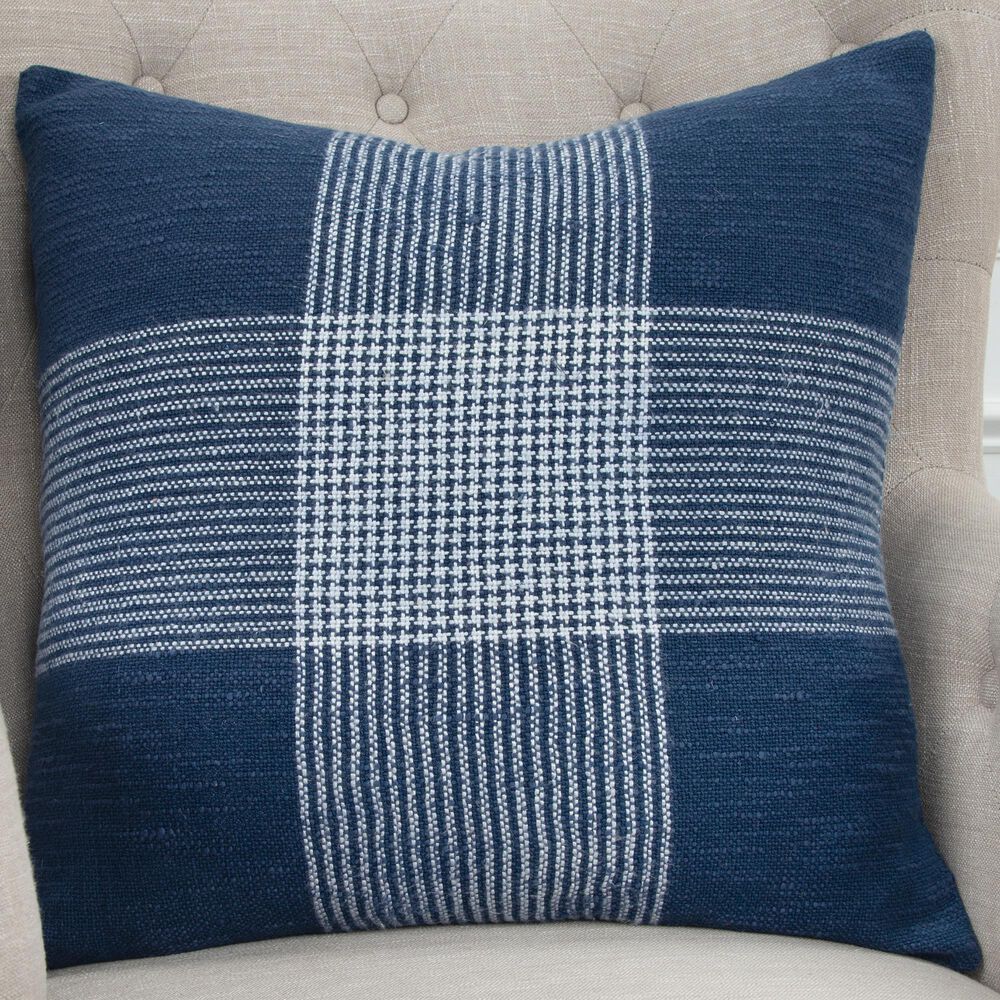 Rizzy Home Plaid 20&quot; Down Filled Pillow in Indigo/White, , large