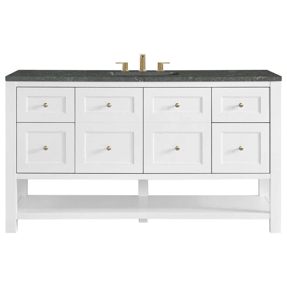 James Martin Vanities Breckenridge 60" Single Bathroom Vanity in Bright White with 3 cm Parisien Bleu Quartz Top and Rectangular Sink, , large