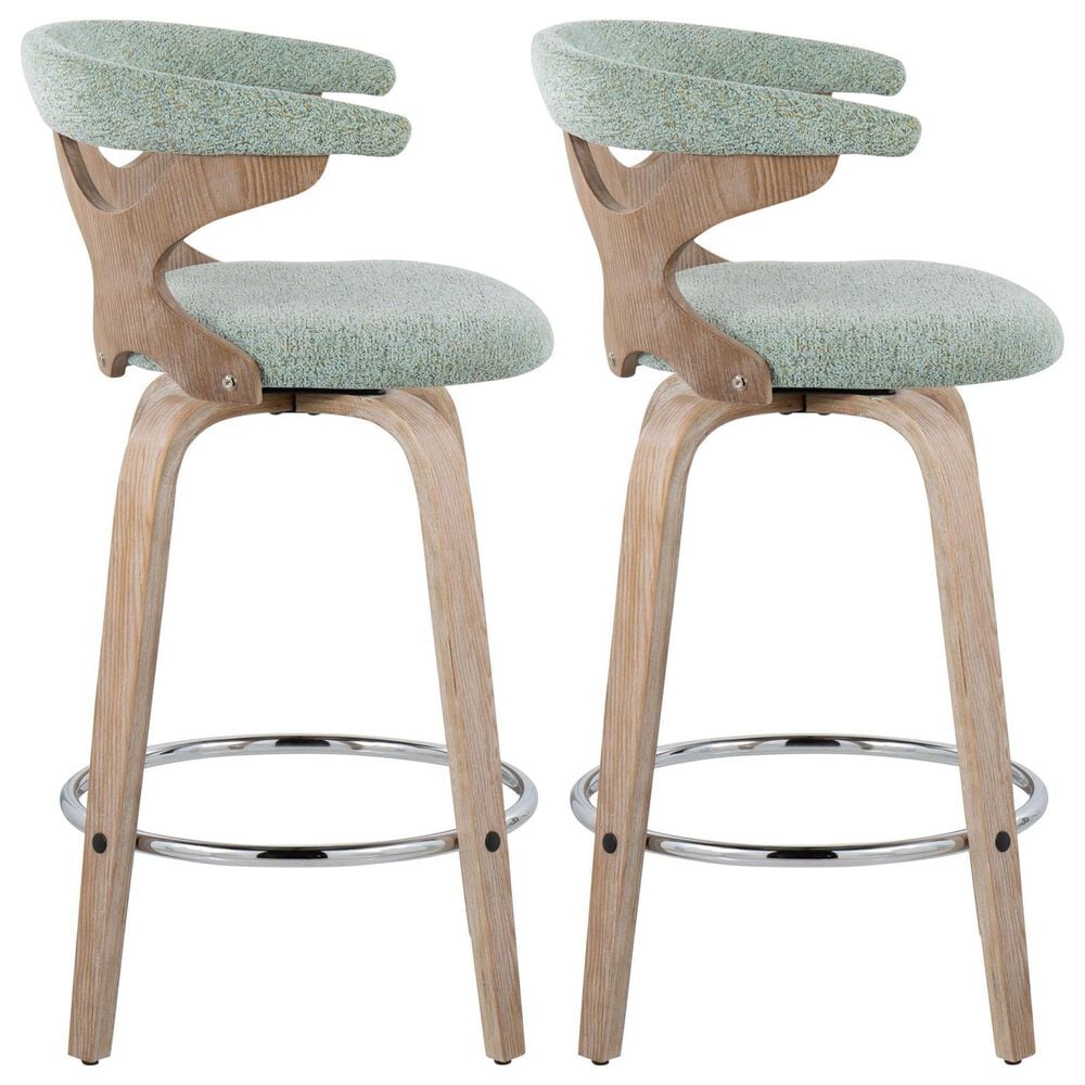 LumiSource Gardenia Swivel Fixed-Height Counter Stool with Seafoam Green Fabric Upholstery in Chrome and Whitewashed (Set of 2), , large