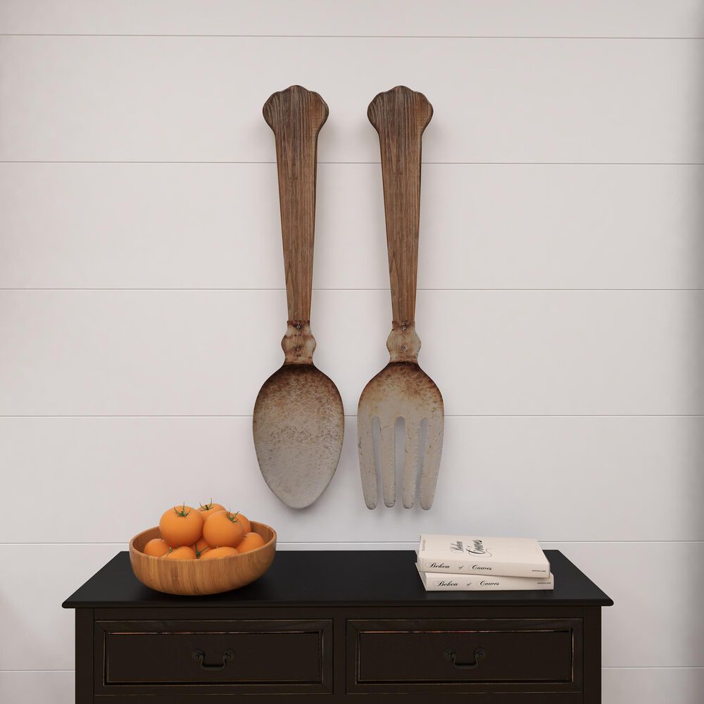 Maple and Jade 38&quot; x 8&quot; Farmhouse Kitchen Utensils Wall Decor in Brown and Silver &#40;Set of 2&#41;, , large