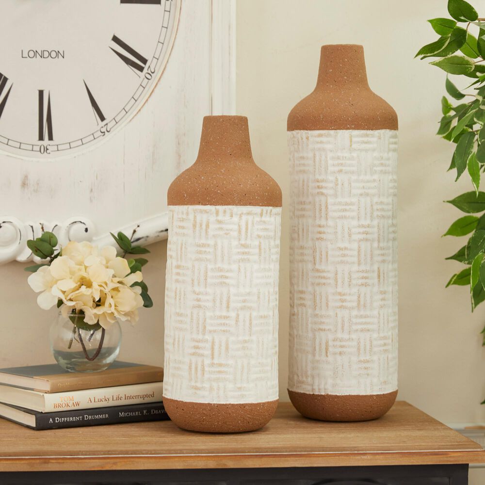 Maple and Jade Metal Vase in Matte Brown and Natural White (Set of 2), , large