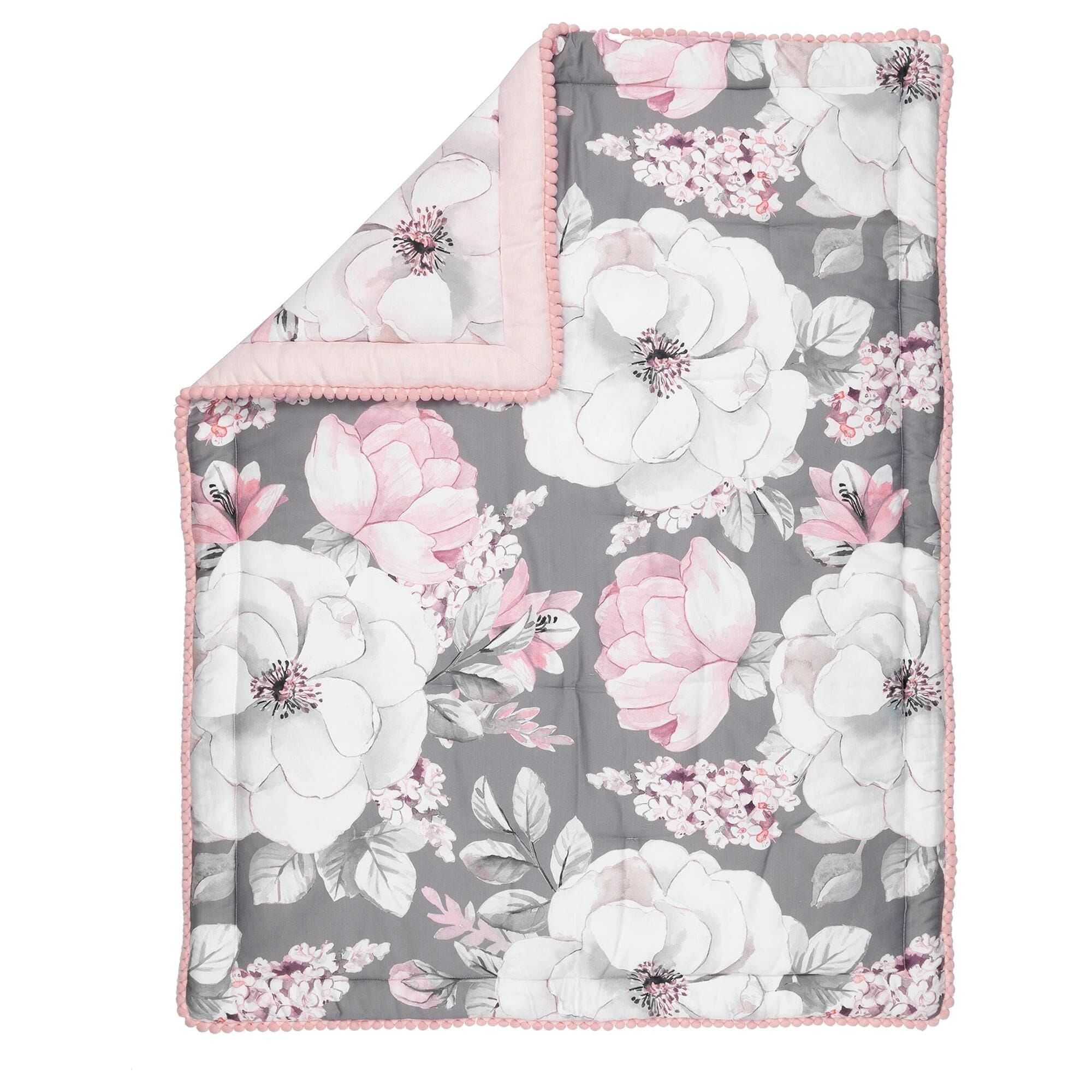 Lambs and Ivy Watercolor Floral 4 Piece Crib Bedding Set in Pink and Grey Nebraska Furniture Mart