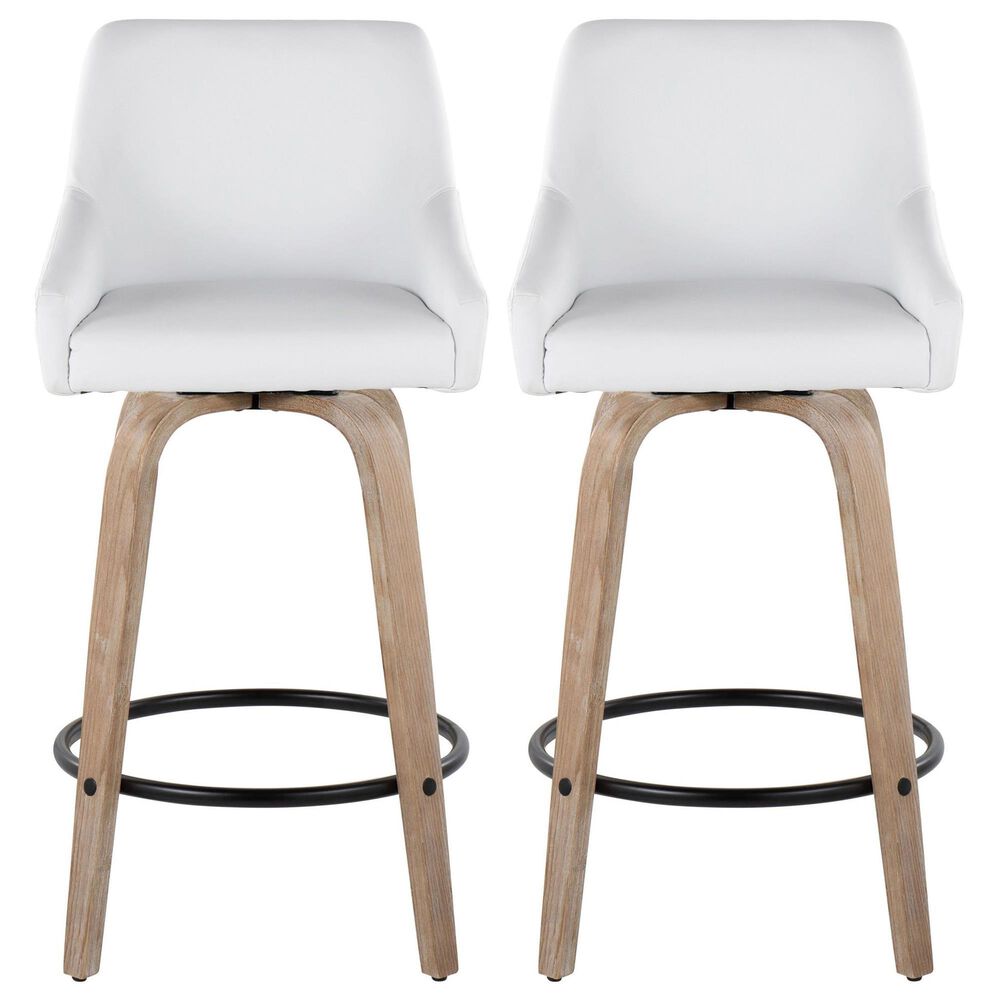 LumiSource Hannah Swivel Counter Stool with White Faux Leather Upholstery in Whitewashed and Black (Set of 2), , large