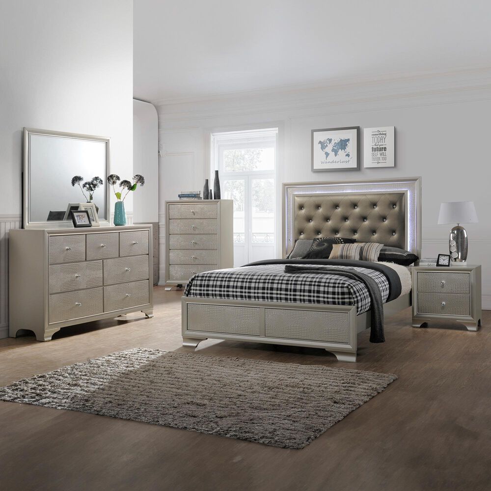 Crown Mark Lyssa 5-Piece Queen Panel Bedroom Set in Champagne, , large