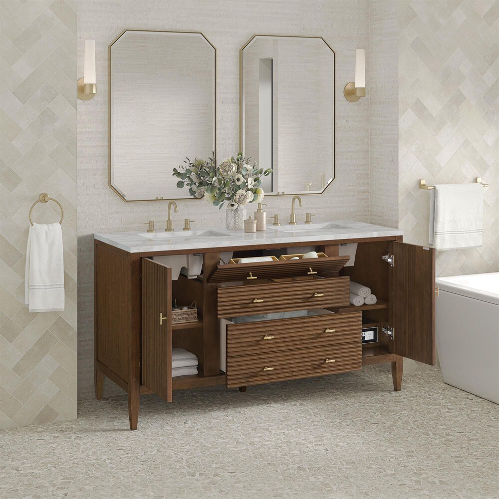 James Martin Vanities Myrrin 60" Double Bathroom Vanity in Mid-Century Walnut with 3 cm Eternal Jasmine Pearl Silestone Top, Rectangular Sinks and FreePower Wireless Charger, , large