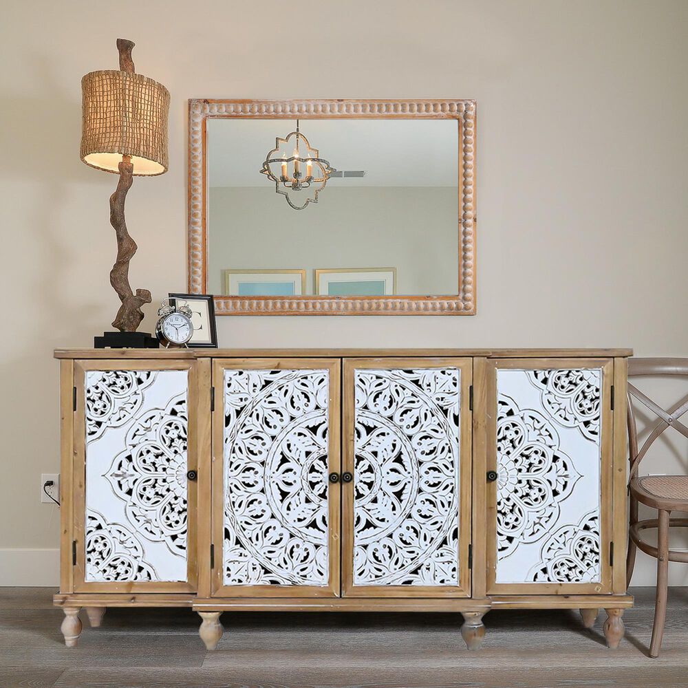 Hearth and Haven Rectangular Wall Mirror with Wood Beading Frame in Antique Natural, , large