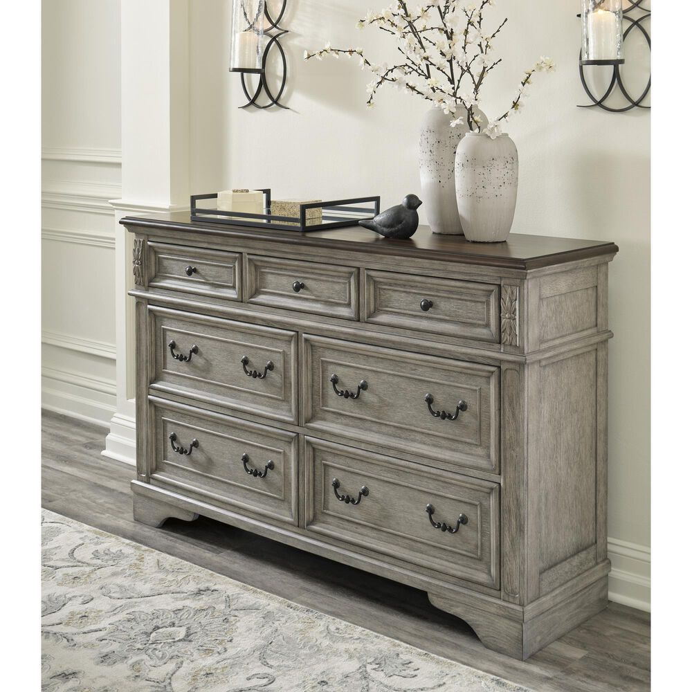 Ashley Lodenbay 7 Drawer Dresser with Mirror in Antiqued Gray and Walnut Brown, , large