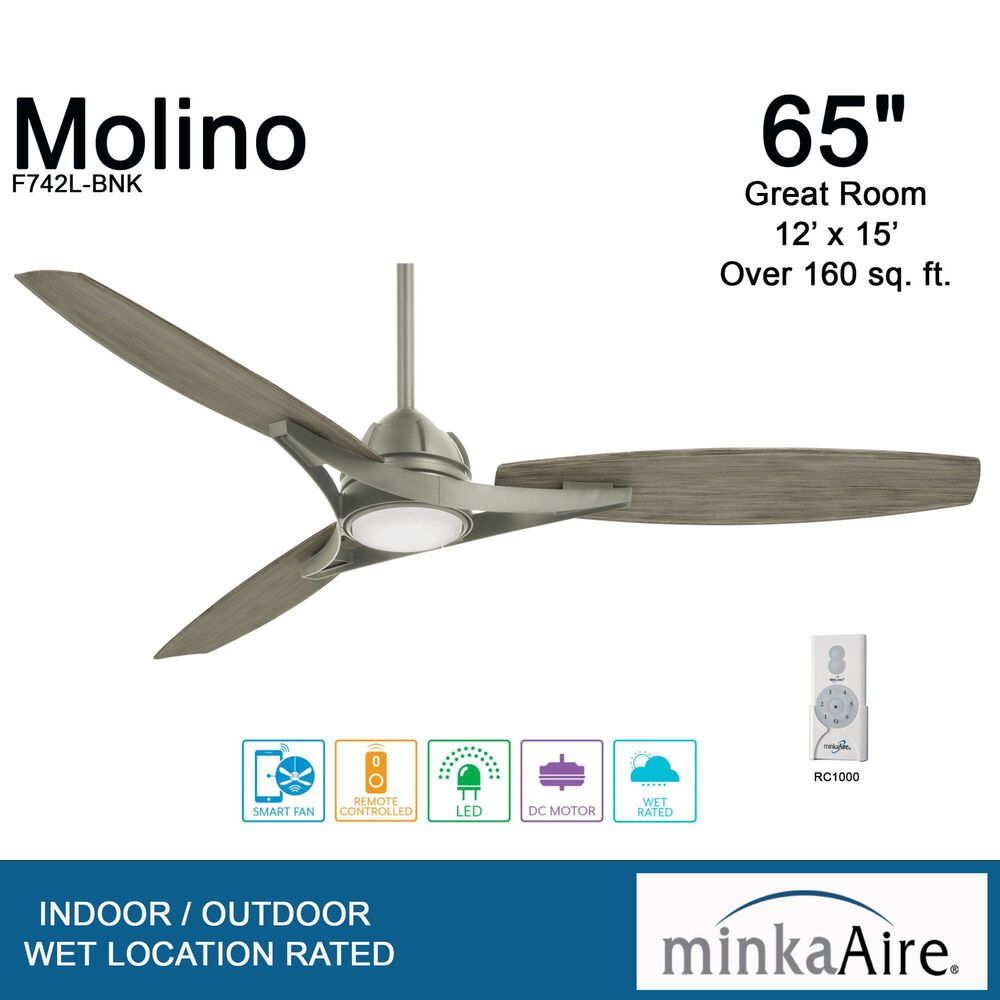 Minka-Aire Molino 65" Indoor/Outdoor Ceiling Fan with LED Light in Burnished Nickel, , large