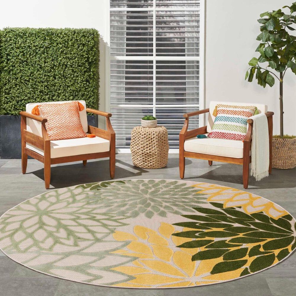 Nourison Aloha Floral 5&#39;3&quot; Round Green and Multicolor Indoor/Outdoor Area Rug, , large
