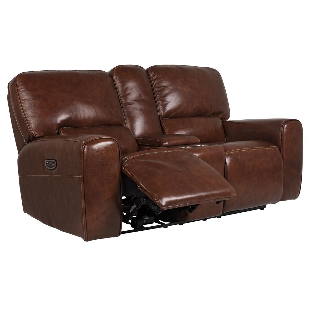 Italiano Furniture Leather Power Console Loveseat with Power Headrest in Brown, , large