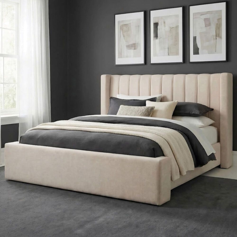 Urban Home King Contemporary Upholstered Platform Wingback Bed in Cream, , large