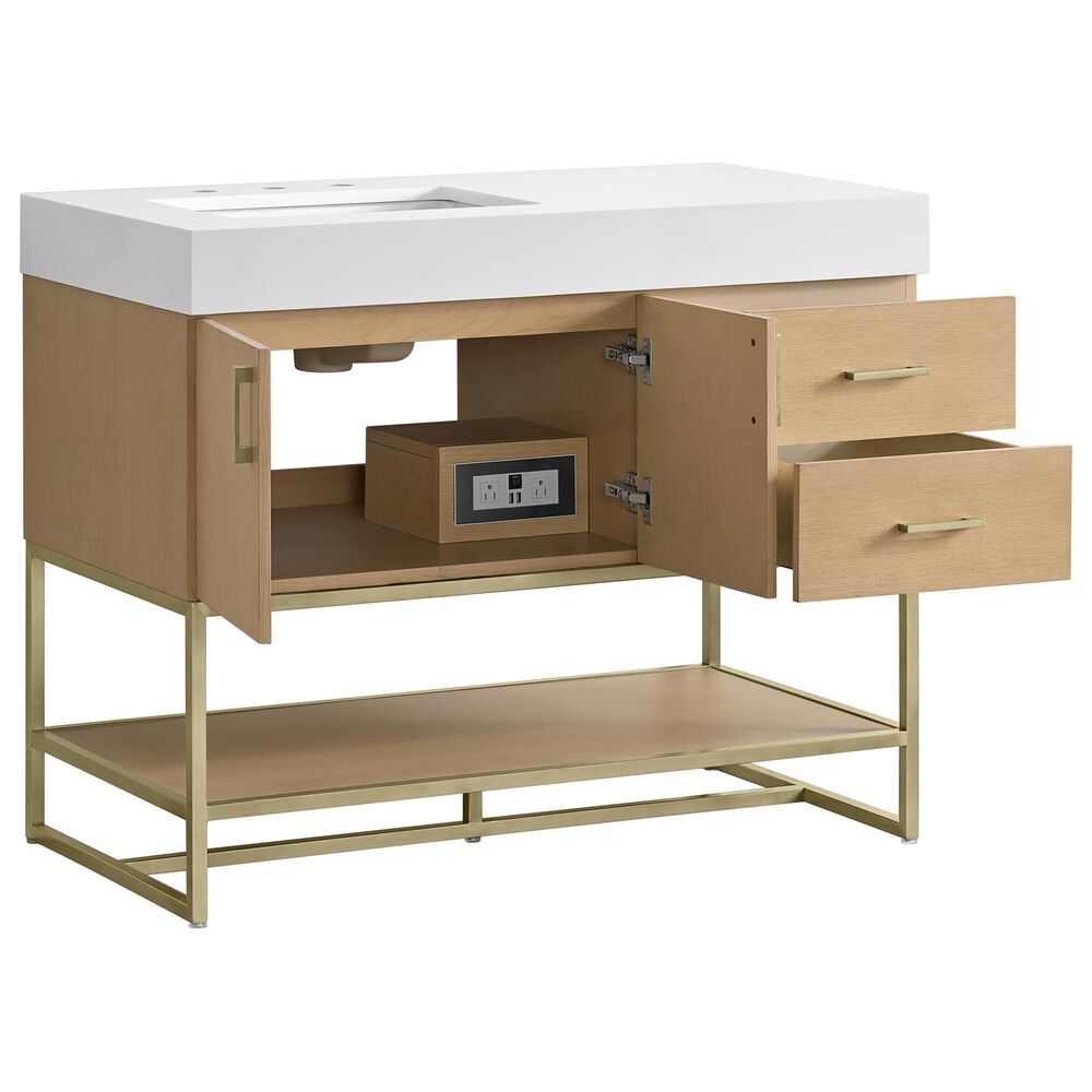 37B Mauri 42" Single Bathroom Vanity with Metal Base in Warm Oak with High-Profile 4" White Composite Stone Top, , large