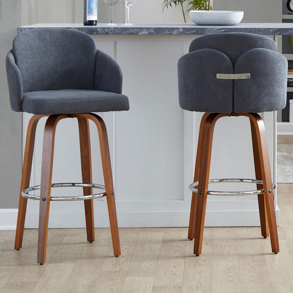 LumiSource Dahlia Swivel Bar Stool with Grey Upholstery in Walnut and Chrome (Set of 2), , large