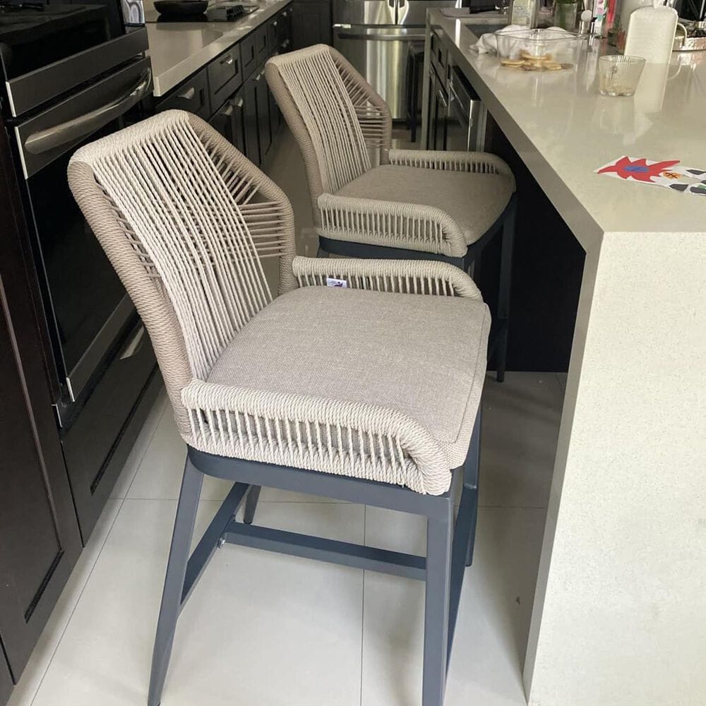 HOMLUX Outdoor Counter Stool with Dark Grey Frame in Grey and Beige (Set of 2), , large