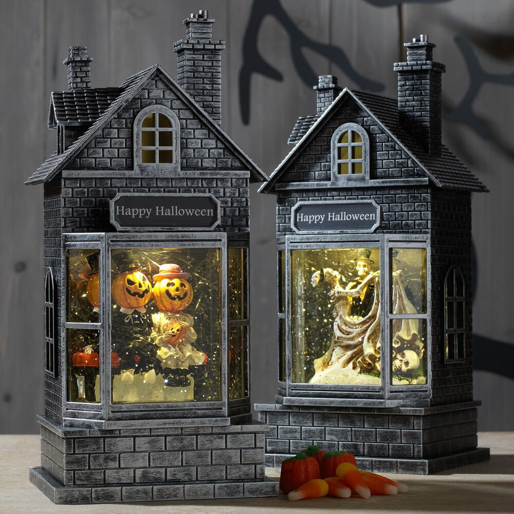 The Gerson Company 2-Piece Spinning Water Globe Halloween House Set, , large