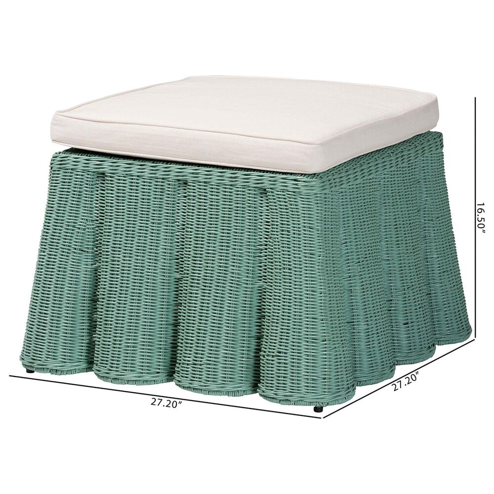 Baxton Studio Palm 27" Square Ottoman with Seafoam Green Rattan in White, , large