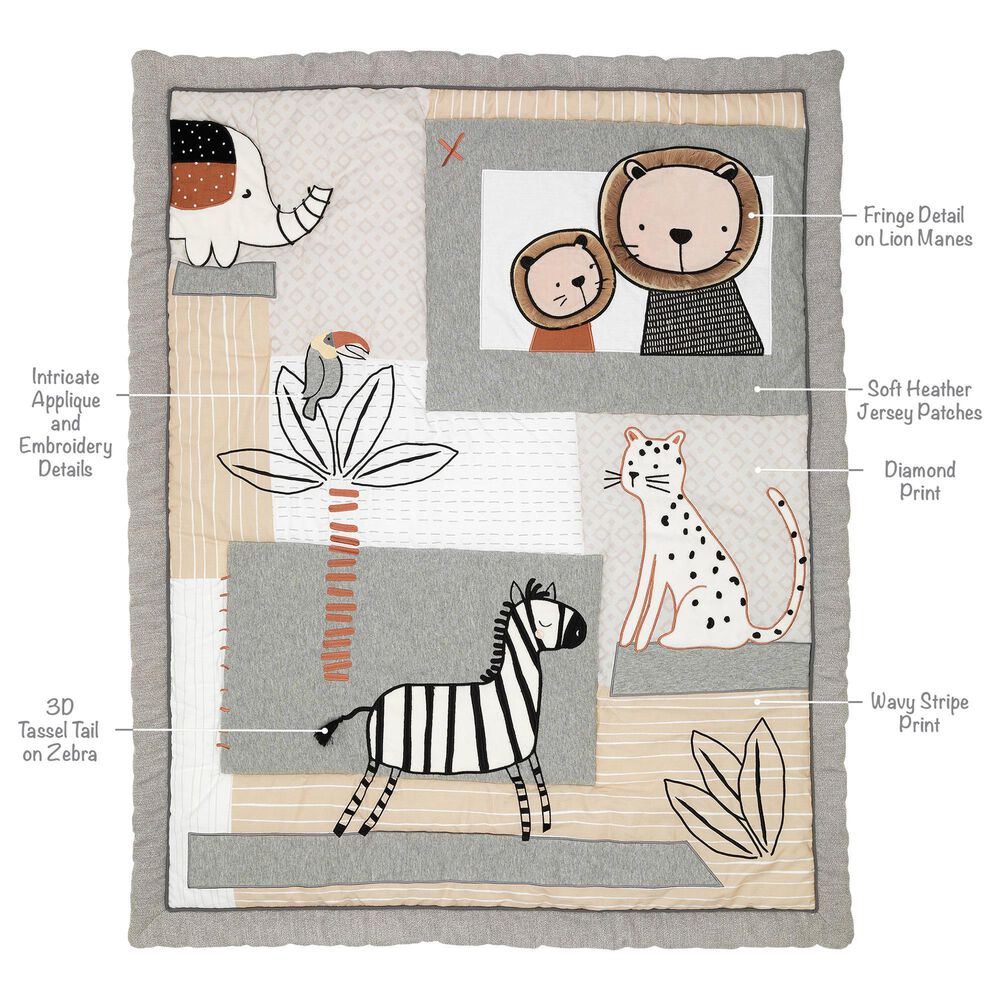 Lambs and Ivy Patchwork Jungle 4-Piece Crib Bedding Set in Heather Gray, Creamy and White, , large