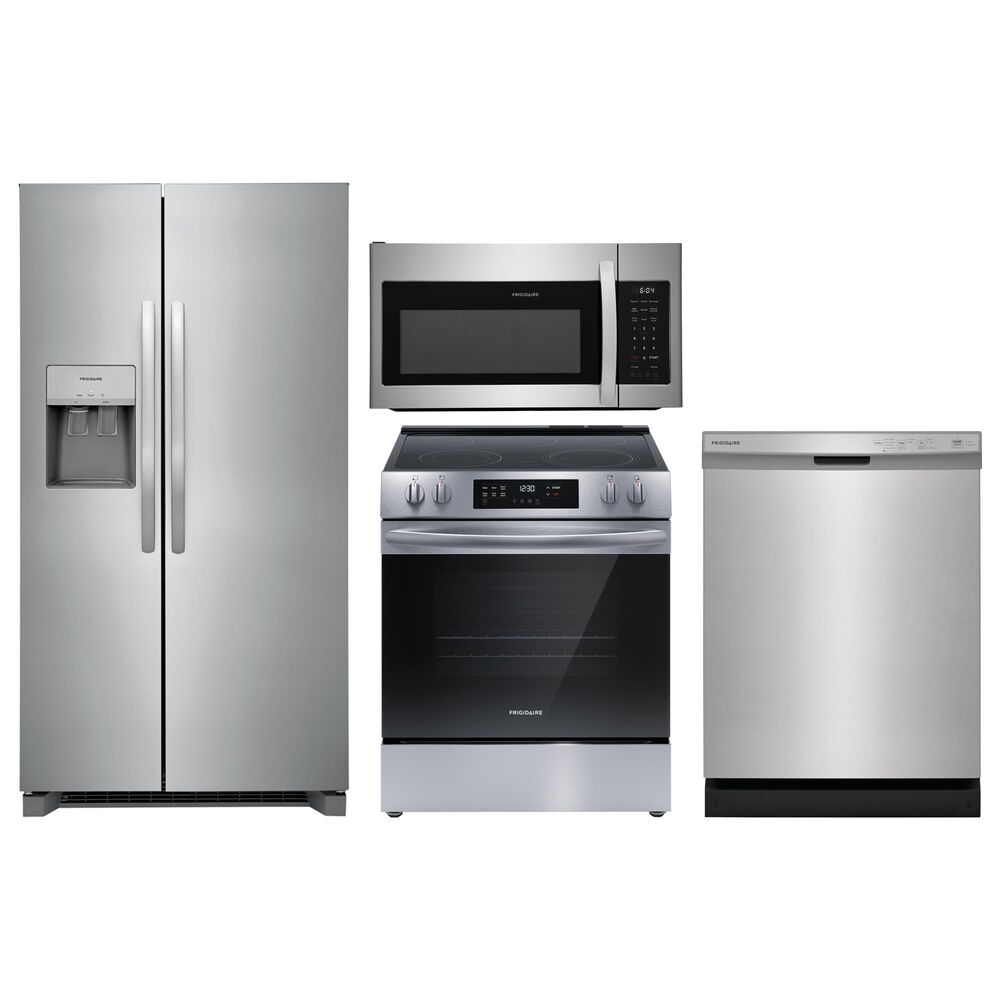 Frigidaire 4 Piece Kitchen Package with 25.6 Cu. Ft. Standard Depth Side-by-Side Refrigerator, 30" Front Control Electric Range, 1.8 Cu. Ft. OTR Microwave, and 24" Built-In Dishwasher with MaxDry in Stainless Steel, , large