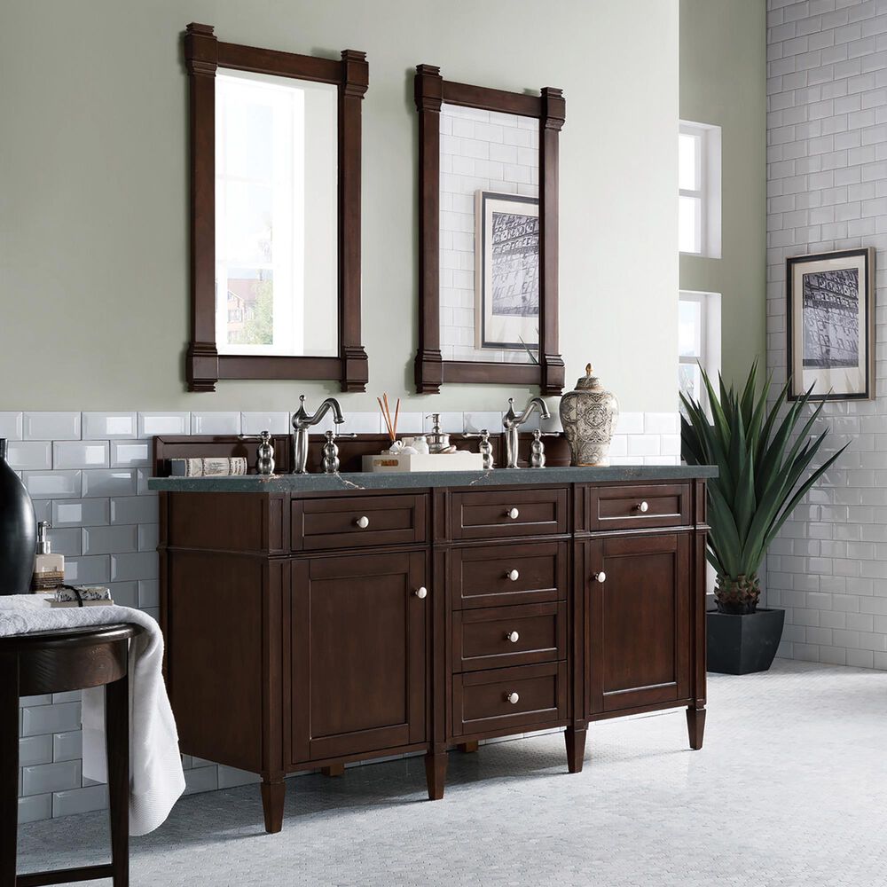 James Martin Vanities Brittany 60&quot; Double Bathroom Vanity in Burnished Mahogany with 3 cm Parisien Bleu Quartz Top and Rectangular Sinks, , large