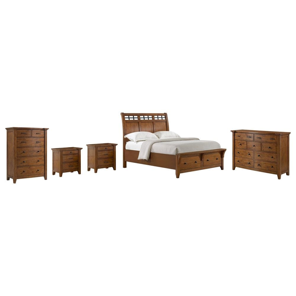 Mayberry Hill Gage Queen Sleigh Storage Bed with Dresser, Chest, and Two Nightstands in Chestnut, , large