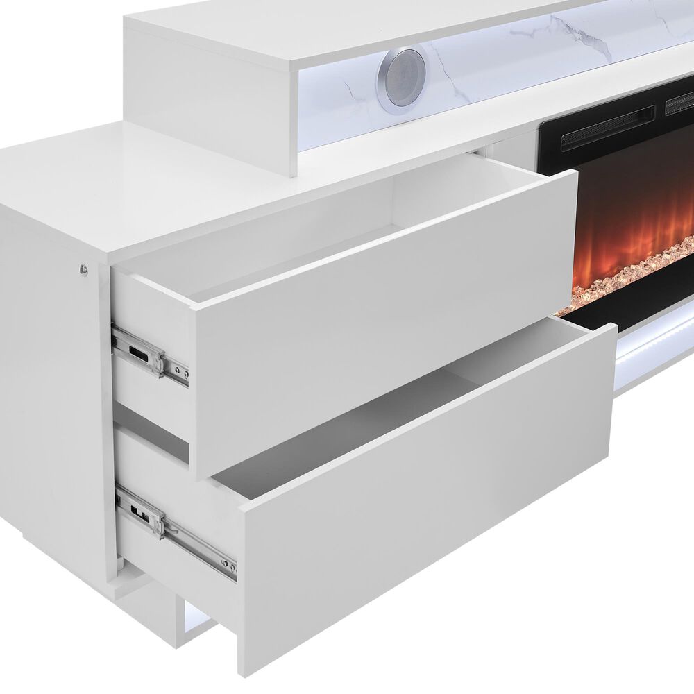 Modern Market Kira 87" TV Stand with Fireplace and Bluetooth Speaker in White, , large