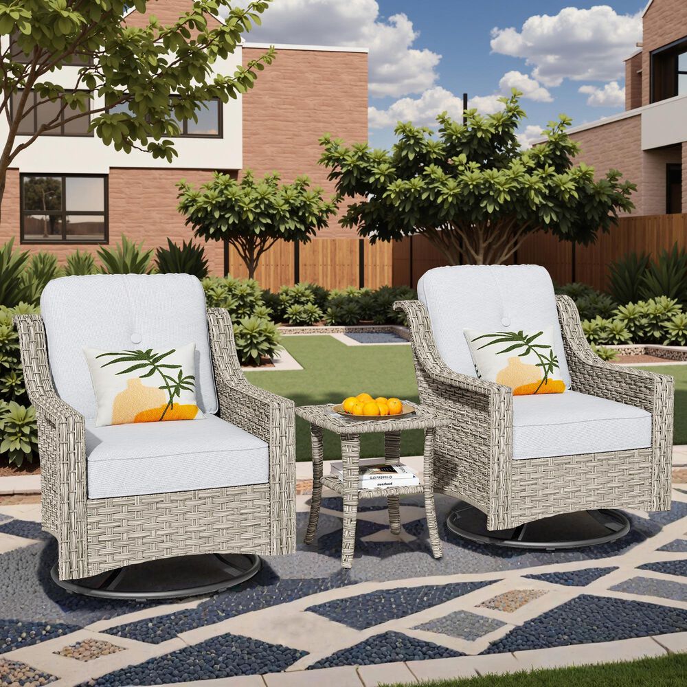 HOMLUX 3-Piece Outdoor Swivel Rocking Chair Set and Side Table in Gray, , large
