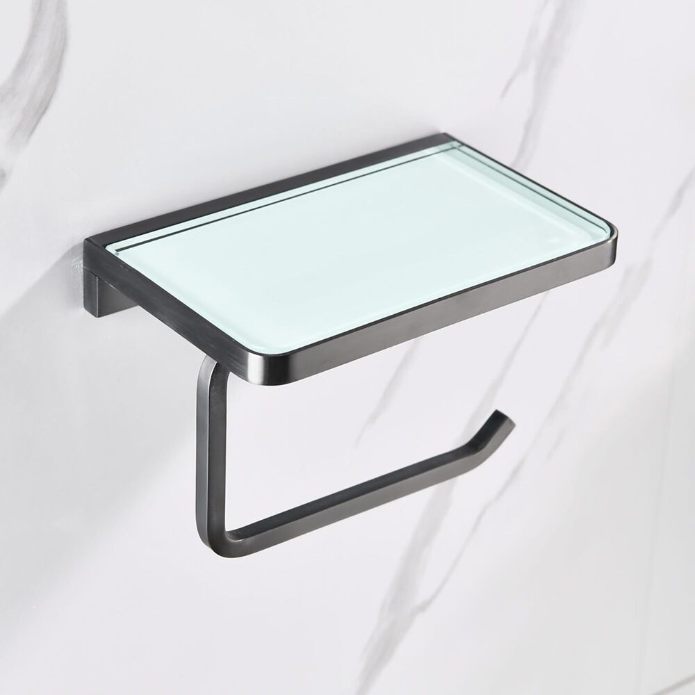 Lexora Home Bagno Bianca Post Toilet Paper Holder with Glass Shelf in Gun Metal and White, , large
