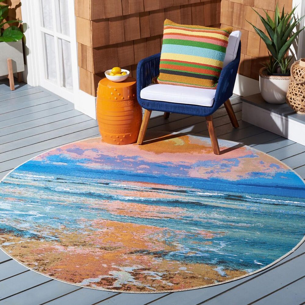 Safavieh Barbados Tropical Sunset 6&#39;6&quot; Round Gold and Blue Indoor/Outdoor Area Rug, , large