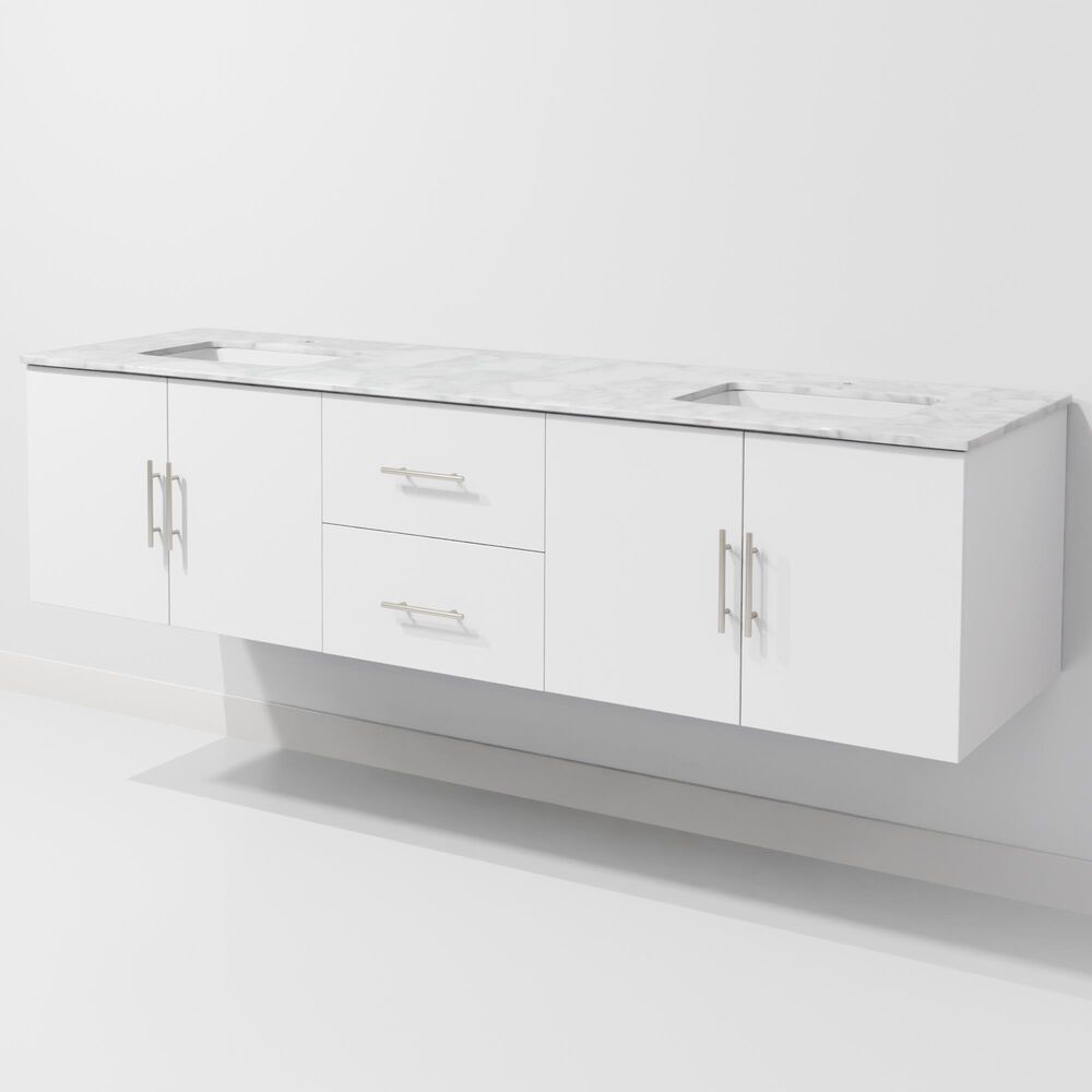 Lexora Home Geneva 72" Double Bathroom Vanity in Glossy White with 2 cm White Carrara Marble Top and Rectangular Sinks, , large