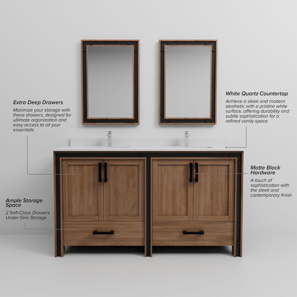 Lexora Home Ziva 60" Double Bathroom Vanity in Rustic Barnwood with 2 cm White Quartz Top and Rectangular Sinks, , large