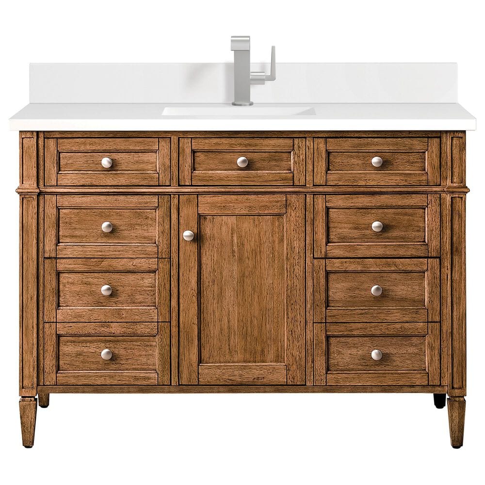 James Martin Vanities Brittany 60" Single Bathroom Vanity in Saddle Brown with 3 cm White Zeus Quartz Top and Rectangular Sink, , large