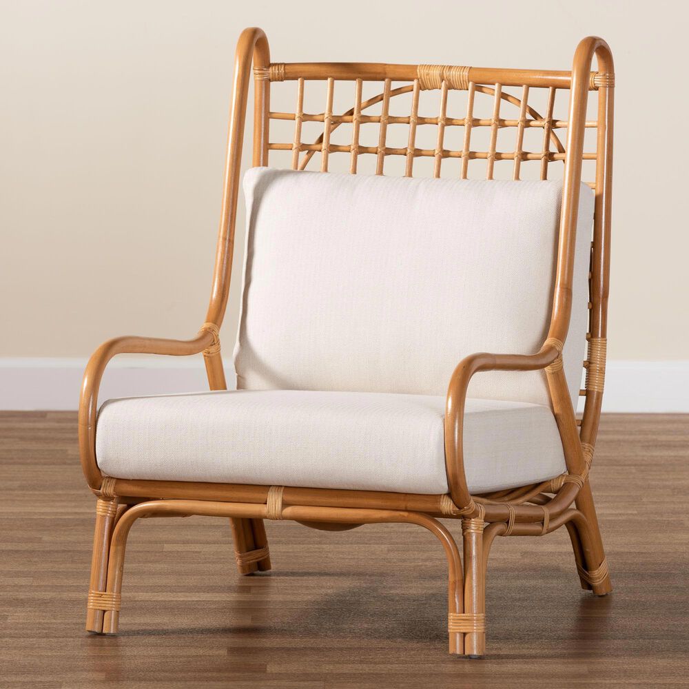 Baxton Studio Helina Accent Chair with Light Honey Rattan in White, , large