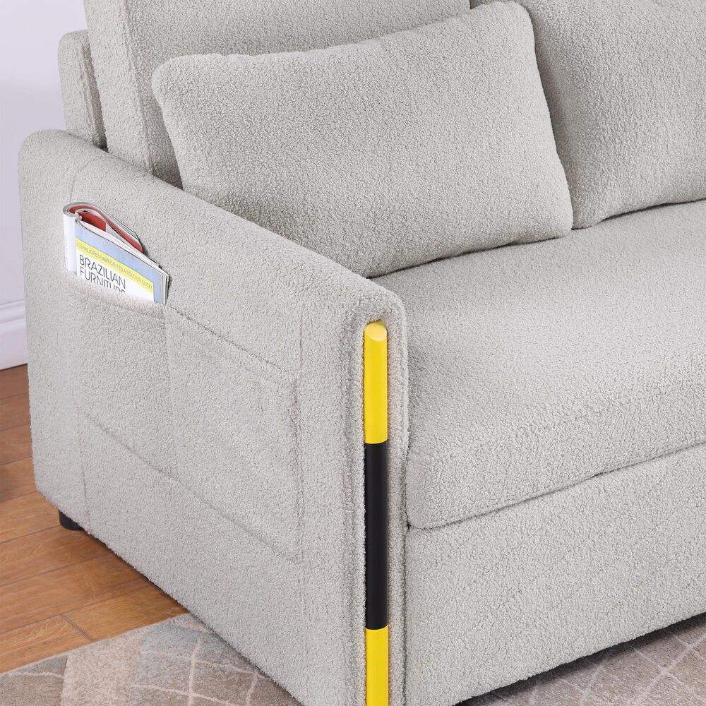 HOMLUX 55.5" Stationary Teddy Dual-Pull Sleeper Loveseat with Side Pockets in Beige Velvet, , large