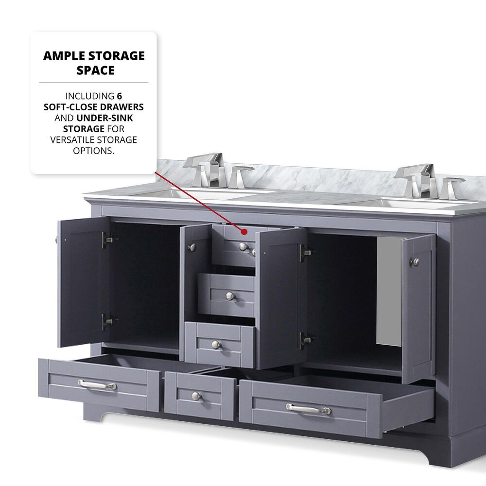 Lexora Home Dukes 60&quot; Double Bathroom Vanity in Dark Grey with White Carrara Marble Top and Rectangular Sinks, , large