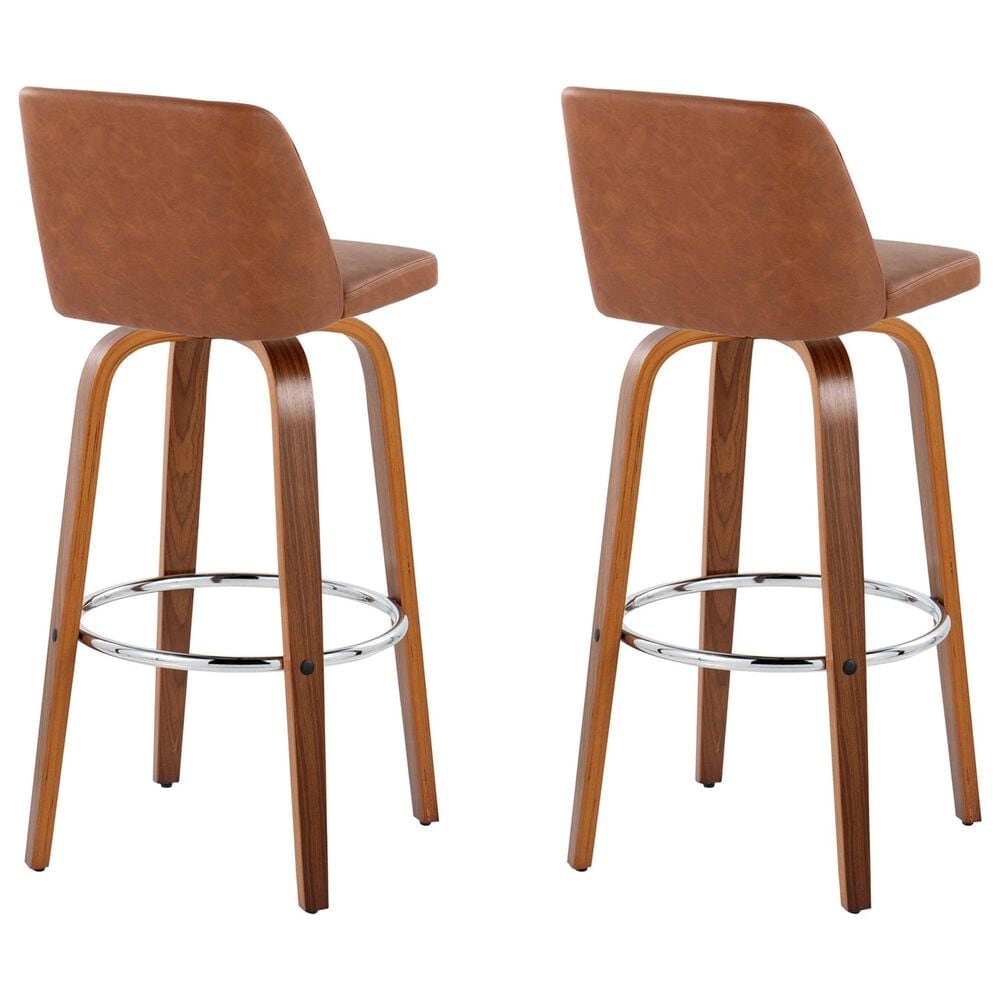 LumiSource Toriano Swivel Bar Stool with Camel Faux Leather Upholstery in Walnut and Chrome (Set of 2), , large